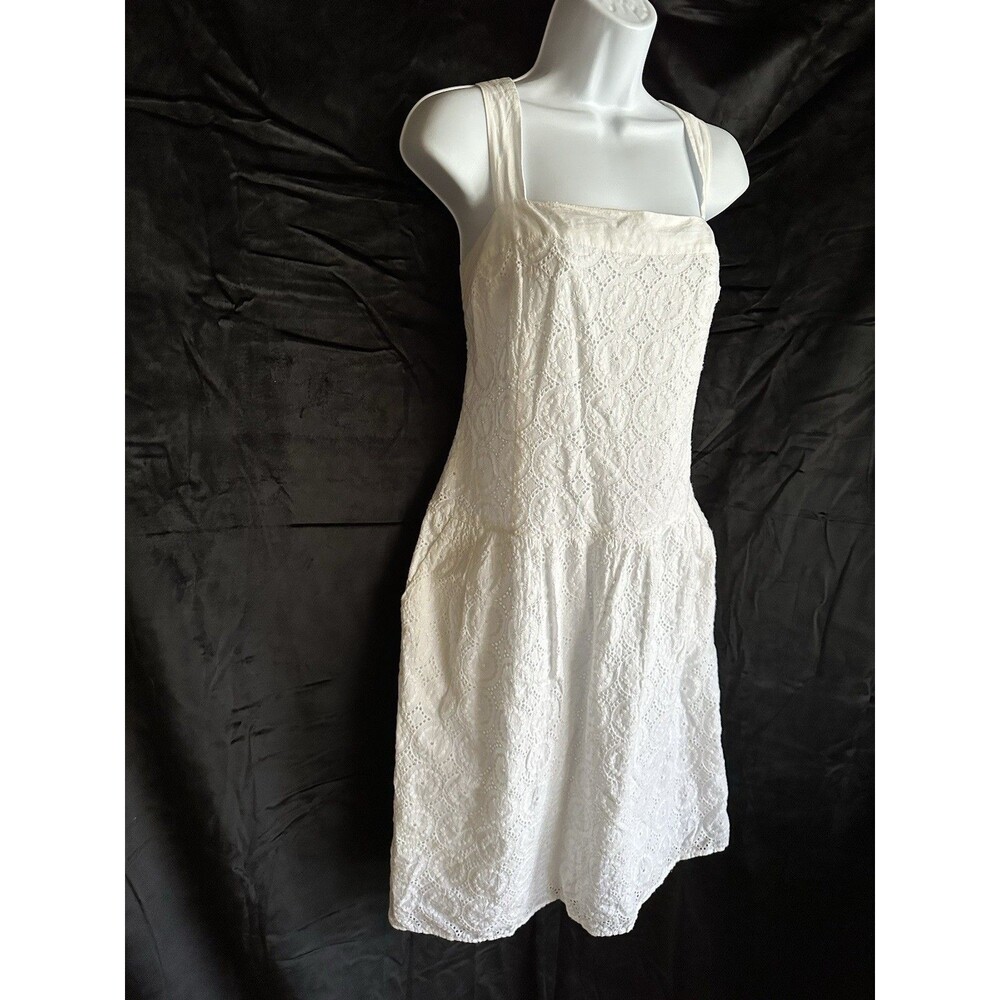 Apostrophe White Lined Eyelet Dress, Sleeveless And Square Neckline